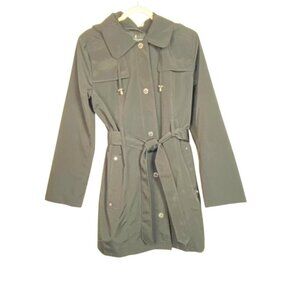 London Fog Black Trench Coat  Womens Raincoat With Removable Hood  Sz L
